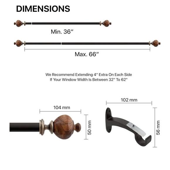 Adjustable Brown Curtain Rod for Windows 36 to 66 Inch Heavy Duty 1 Inc New Deco - Picture 3 of 4